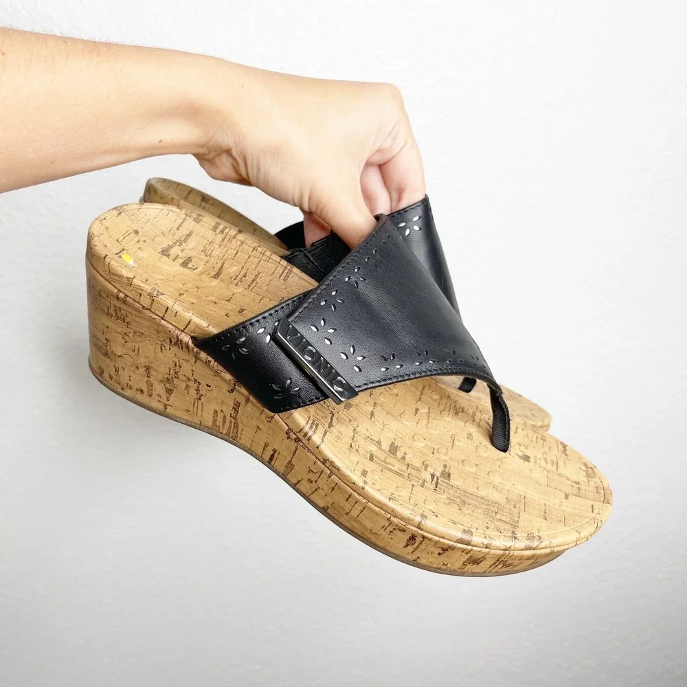 Vionic Anitra Black Leather Cork Wedge Platform Sandals Womens 7